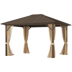 Outsunny Hardtop Gazebo With Curtains 3.6 X 3m - Brown