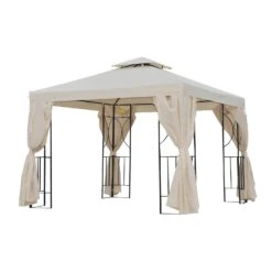 Outsunny Metal Gazebo With Curtains 3 X 3m - Beige