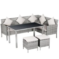 Outsunny Rattan Sofa Set With Coffee Table & Footstools - Grey