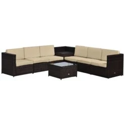 Outsunny Rattan Corner Sofa Set With Table - Brown