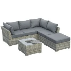 Outsunny Rattan Corner Sofa Set With Table & Ice Bucket - Light Grey