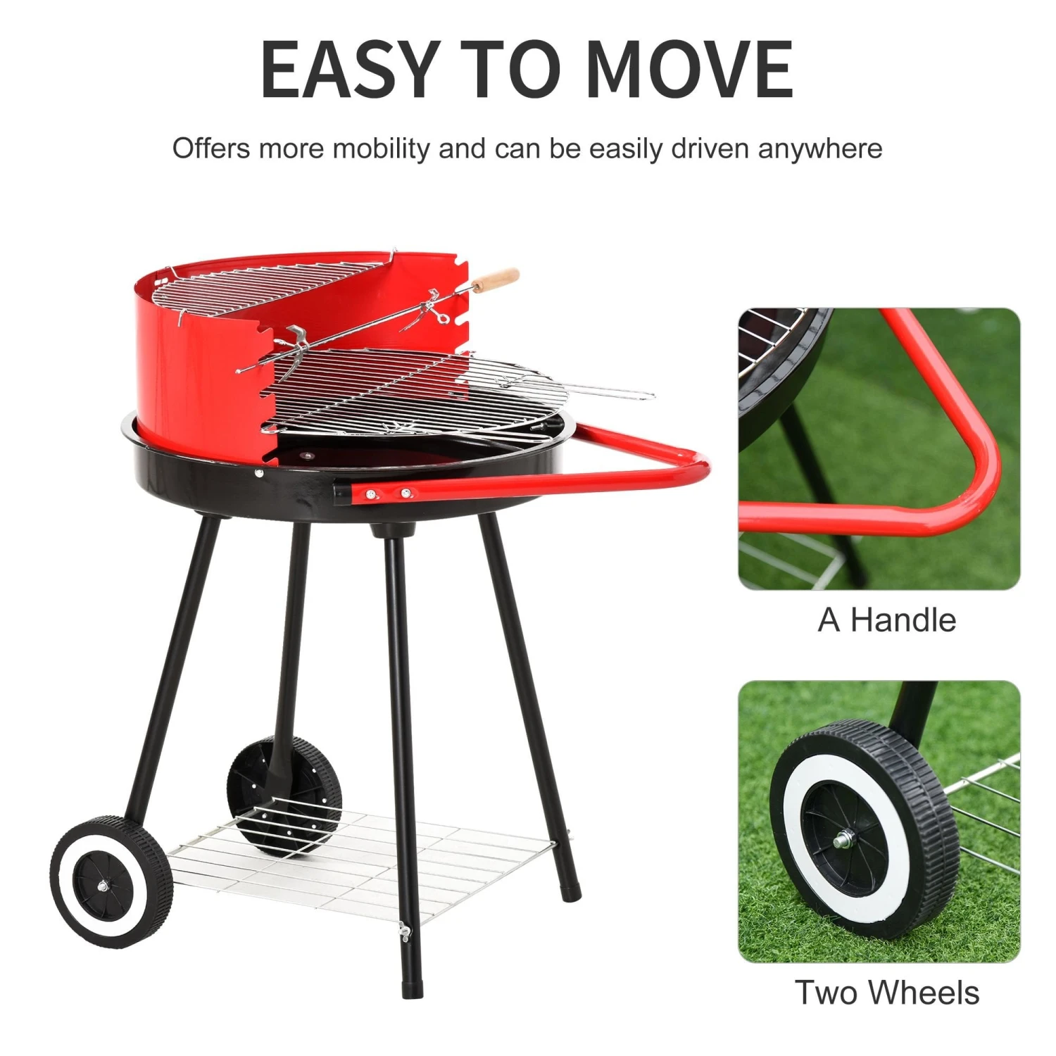 Outsunny Outdoor Charcoal BBQ Grill With Wheels - Red/ Black 4 Outsunny Outdoor Charcoal BBQ Grill With Wheels - Red/ Black - Image 4