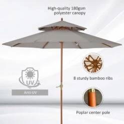 Outsunny Double Tier Wooden Umbrella Parasol 2.7m - Grey 16 Outsunny Double Tier Wooden Umbrella Parasol 2.7m - Grey -OUTSUNNY Store 1624015418 73709900