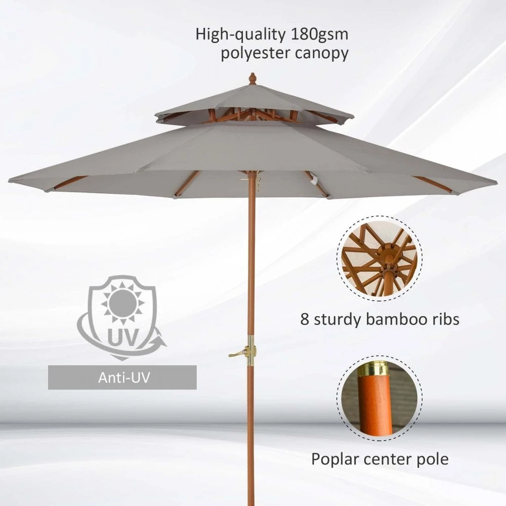 Outsunny Double Tier Wooden Umbrella Parasol 2.7m - Grey 8 Outsunny Double Tier Wooden Umbrella Parasol 2.7m - Grey - Image 8