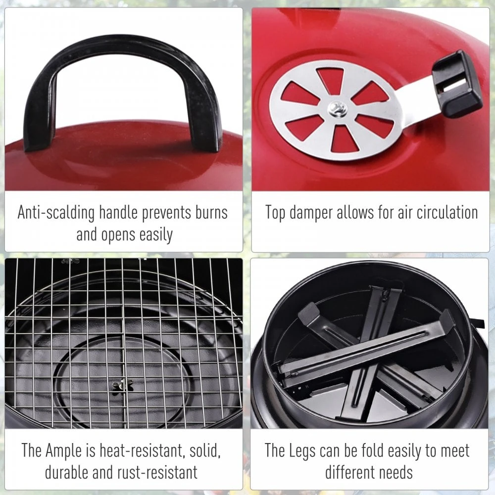 Outsunny Compact Portable Charcoal BBQ Grill - Red 6 Outsunny Compact Portable Charcoal BBQ Grill - Red - Image 6