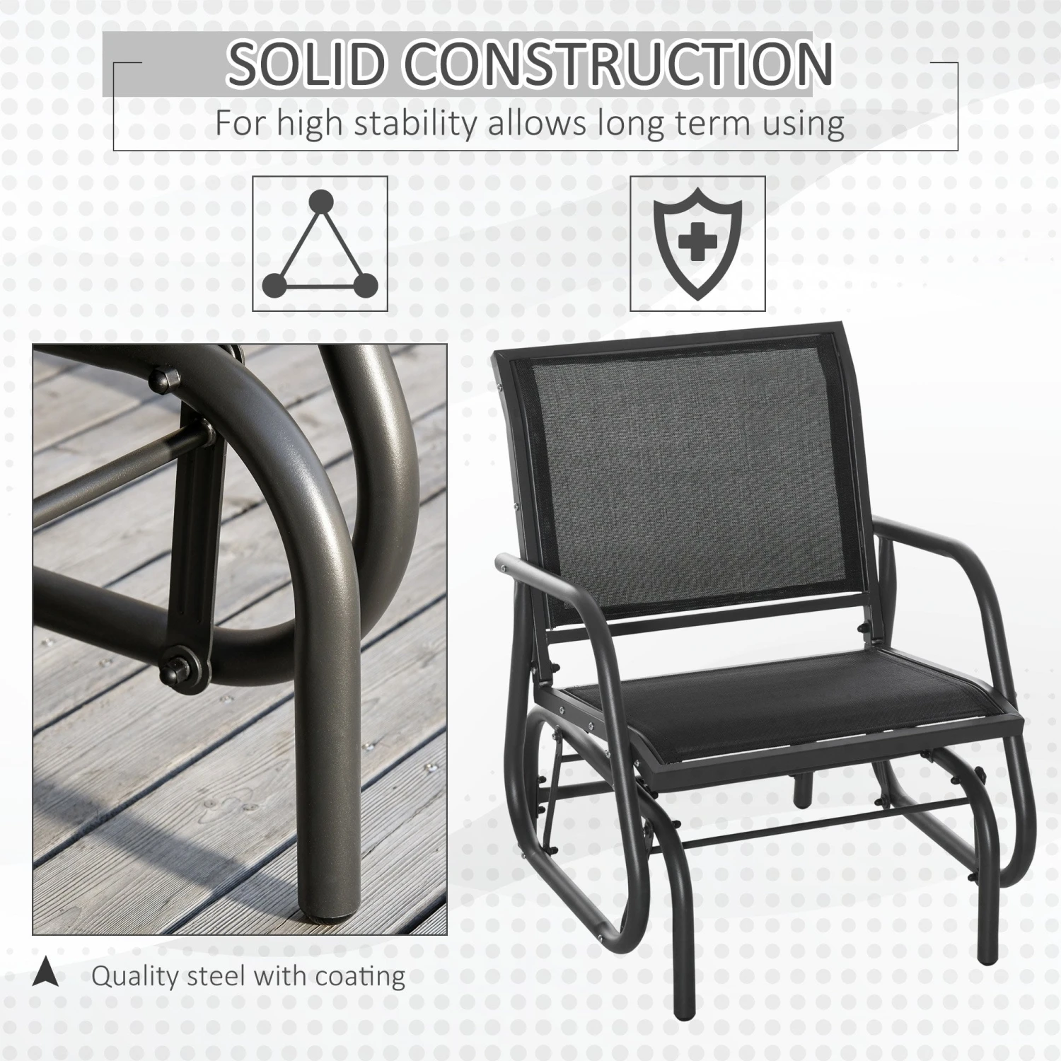 Outsunny Outdoor Gliding Swing Chair Garden Seat W/ Mesh Seat Curved Back Steel Frame Armrests Comfortable Lounge Furniture Dark Grey Black 6 Outsunny Outdoor Gliding Swing Chair Garden Seat W/ Mesh Seat Curved Back Steel Frame Armrests Comfortable Lounge Furniture Dark Grey Black - Image 6