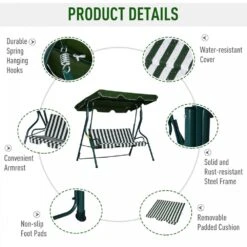 Outsunny 3 Seater Canopy Swing Chair Outdoor Garden Bench With Adjustable Canopy And Metal Frame - Green Stripes -OUTSUNNY Store 1624030167 42173500