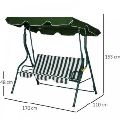 Outsunny 3 Seater Canopy Swing Chair Outdoor Garden Bench With Adjustable Canopy And Metal Frame - Green Stripes -OUTSUNNY Store 1624030172 11154700