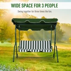 Outsunny 3 Seater Canopy Swing Chair Outdoor Garden Bench With Adjustable Canopy And Metal Frame - Green Stripes -OUTSUNNY Store 1624030178 75141100