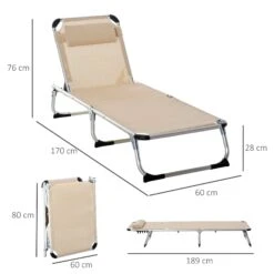 Outsunny Folding Reclining Sun Lounger With Pillow - Khaki -OUTSUNNY Store 1624031285 85701600 abb26d6e 2d6a 4ff5 a0d2 1cf79036e9c6