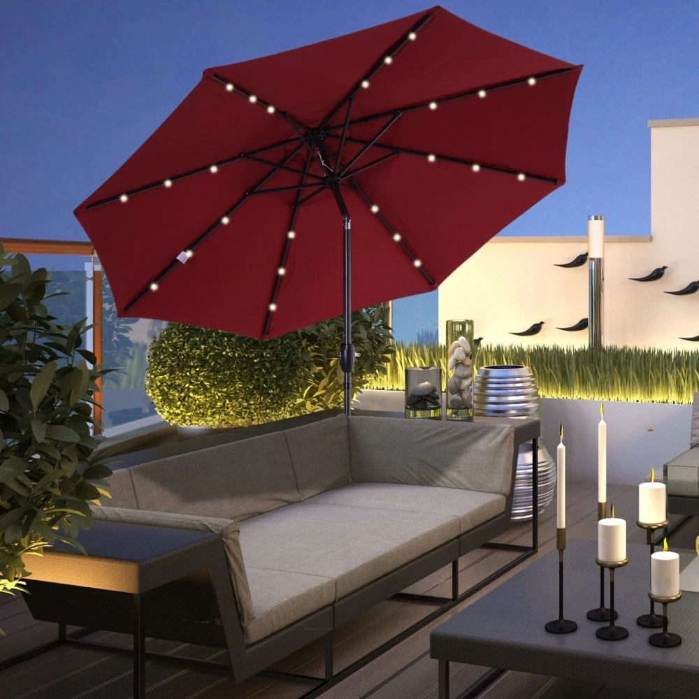 Oasis Garden Umbrella Parasol With LED Solar Lights - Wine Red 2 Oasis Garden Umbrella Parasol With LED Solar Lights - Wine Red - Image 2