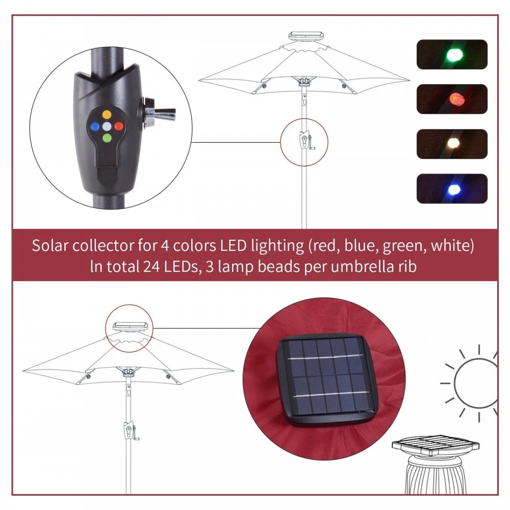 Oasis Garden Umbrella Parasol With LED Solar Lights - Wine Red 8 Oasis Garden Umbrella Parasol With LED Solar Lights - Wine Red - Image 8