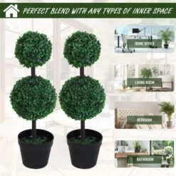 Outsunny Set Of 2 Artificial Boxwood Plant Tree's With Pot - Green -OUTSUNNY Store 1624275723 11326900