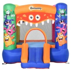 Outsunny Kids Bounce Castle House Inflatable Trampoline Slide Basket With Inflator For Kids Age 3-12 Monster Design W/ Carrybag -OUTSUNNY Store 1645287028 39117200