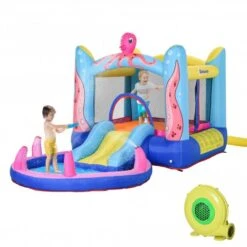 Outsunny Kids Bounce Castle House Inflatable Trampoline Slide Water Pool 3 In 1 With Inflator For Kids Age 3-12 Octopus Design W/ Carrybag