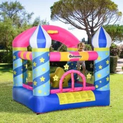 Outsunny Kids Bounce Castle House Inflatable Trampoline Basket With Inflator For Age 3-12 Castle Stars Design -OUTSUNNY Store 1645287112 32664900