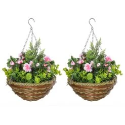 HOMCOM Pack Of 2 Artificial Lisianthus Flowers Hanging Planter With Basket For Indoor Outdoor Decoration Home Garden