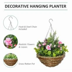 HOMCOM Pack Of 2 Artificial Lisianthus Flowers Hanging Planter With Basket For Indoor Outdoor Decoration Home Garden -OUTSUNNY Store 1645425329 69195100