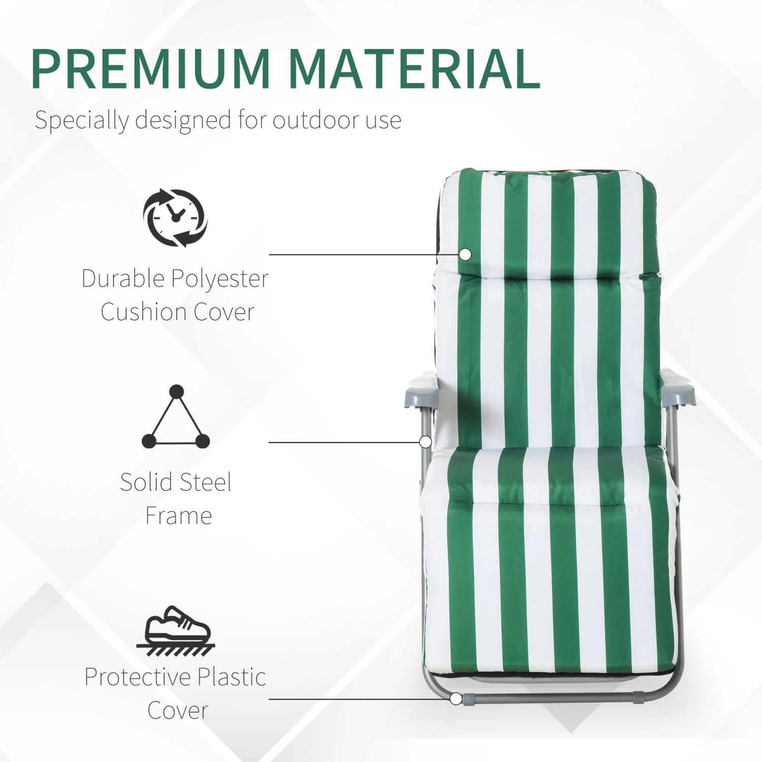 Outsunny Set Of 2 Garden Patio Outdoor Sun Recliners Loungers Folding Foldable Multi Position Relaxers Chairs With Cushions Fire Retardant Sponge (Green White) 7 Outsunny Set Of 2 Garden Patio Outdoor Sun Recliners Loungers Folding Foldable Multi Position Relaxers Chairs With Cushions Fire Retardant Sponge (Green White) - Image 7