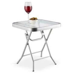 Silver & Stone Folding Side Table With Glass Top 40cm X 40cm X 46cm -OUTSUNNY Store 4356318 IMAGE1
