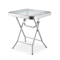 Silver & Stone Folding Side Table With Glass Top 40cm X 40cm X 46cm