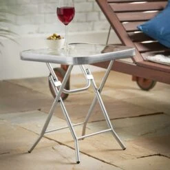 Silver & Stone Folding Side Table With Glass Top 40cm X 40cm X 46cm -OUTSUNNY Store 4356318 IMAGE5