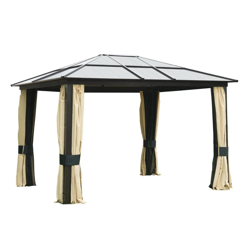 Outsunny 3 X 3.6(m) Hardtop Gazebo Canopy With Polycarbonate Roof And Aluminium Frame, Garden Pavilion With Mosquito Netting And Curtains, Brown 1 Outsunny 3 X 3.6(m) Hardtop Gazebo Canopy With Polycarbonate Roof And Aluminium Frame, Garden Pavilion With Mosquito Netting And Curtains, Brown