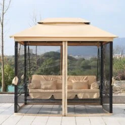 Outsunny 3 Seater Swing Chair 3-in-1 Convertible Garden Swing Seat Bed Gazebo Patio Bench Outdoor With Double Tier Canopy, Cushioned Seat, Mesh Sidewalls, Beige -OUTSUNNY Store 7uP23b17dc4c2349d