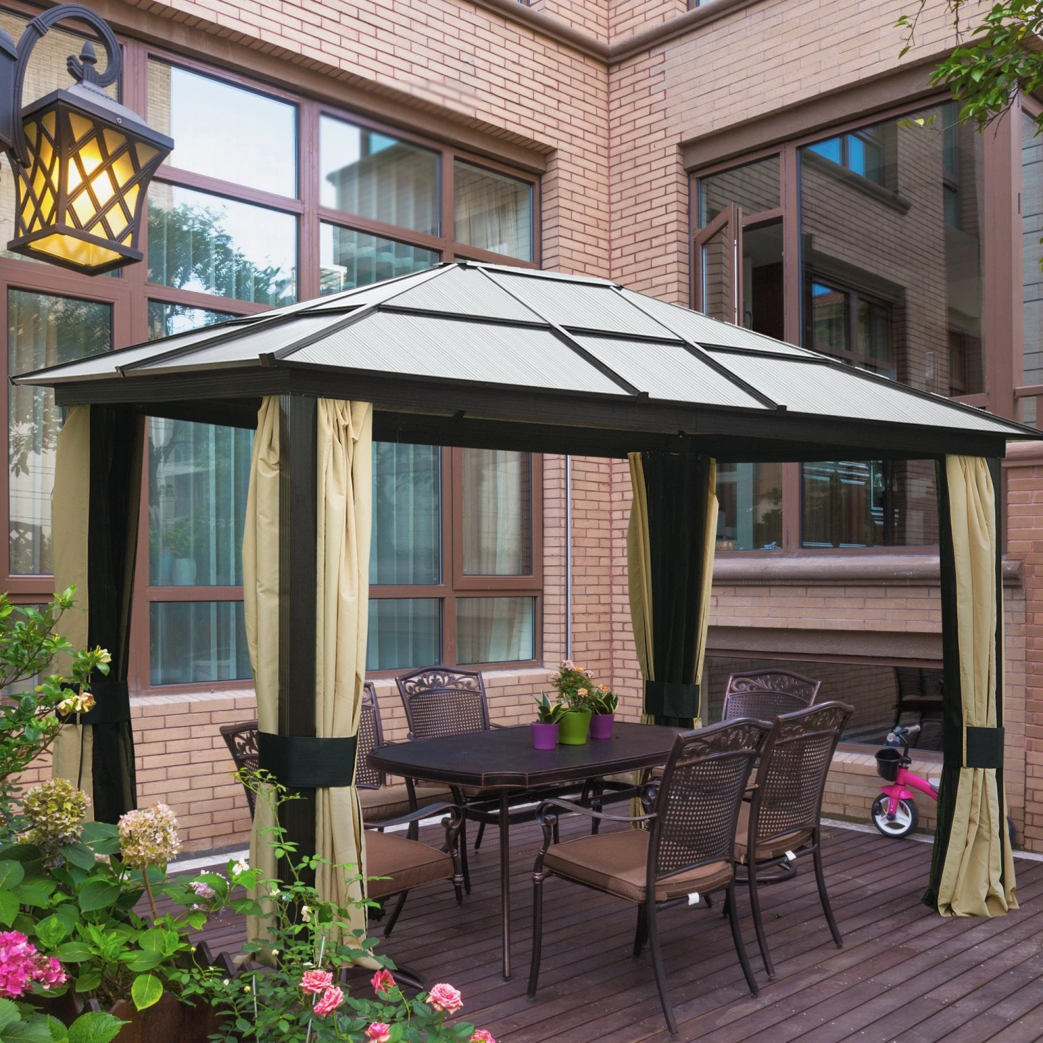 Outsunny 3 X 3.6(m) Hardtop Gazebo Canopy With Polycarbonate Roof And Aluminium Frame, Garden Pavilion With Mosquito Netting And Curtains, Brown 2 Outsunny 3 X 3.6(m) Hardtop Gazebo Canopy With Polycarbonate Roof And Aluminium Frame, Garden Pavilion With Mosquito Netting And Curtains, Brown - Image 2