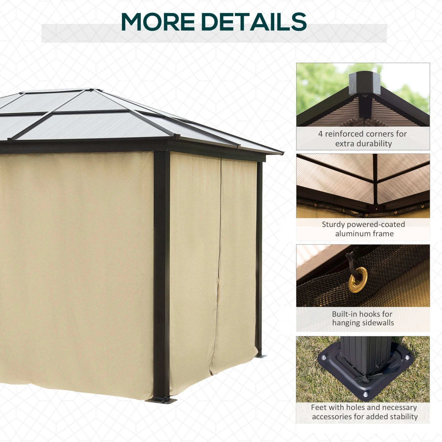 Outsunny 3 X 3.6(m) Hardtop Gazebo Canopy With Polycarbonate Roof And Aluminium Frame, Garden Pavilion With Mosquito Netting And Curtains, Brown 6 Outsunny 3 X 3.6(m) Hardtop Gazebo Canopy With Polycarbonate Roof And Aluminium Frame, Garden Pavilion With Mosquito Netting And Curtains, Brown - Image 6