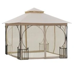 Outsunny 3 X 3(m) Garden Gazebo Patio Party Tent Shelter Outdoor Canopy Double Tier Sun Shade Metal Frame Netting Beigee