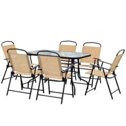 Outsunny 8 Pieces Dining Set Furniture Garden Foldable 6 Chairs 1 Table With Parasol Beige