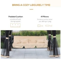 Outsunny 3 Seater Swing Chair 3-in-1 Convertible Garden Swing Seat Bed Gazebo Patio Bench Outdoor With Double Tier Canopy, Cushioned Seat, Mesh Sidewalls, Beige -OUTSUNNY Store Izzbc917dc4c2349d