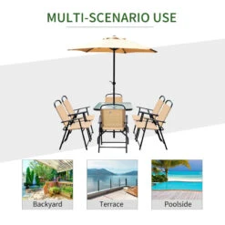 Outsunny 8 Pieces Dining Set Furniture Garden Foldable 6 Chairs 1 Table With Parasol Beige -OUTSUNNY Store MtK88c1818a377a68 jpg