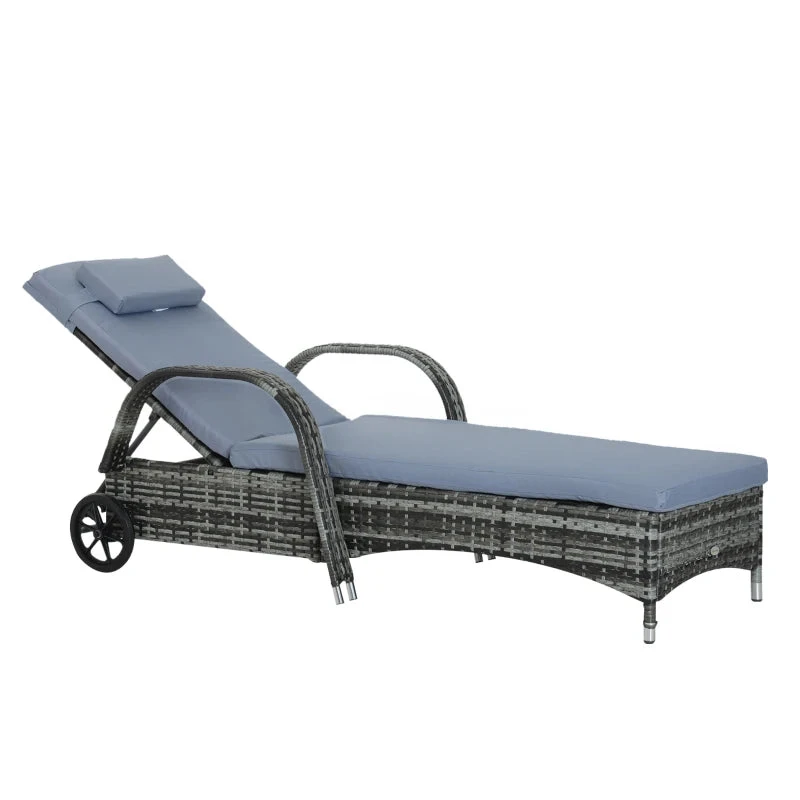 Outsunny Rattan Sun Lounger W/ Cushion - Grey 12 Outsunny Rattan Sun Lounger W/ Cushion - Grey - Image 12