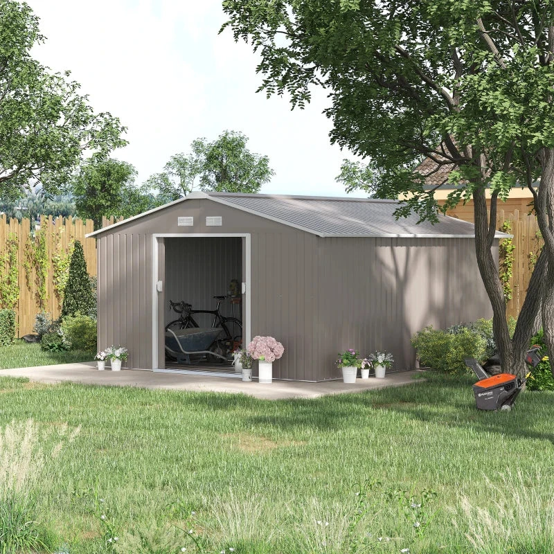 Outsunny Metal Shed 13 X 11ft - Light Grey 2 Outsunny Metal Shed 13 X 11ft - Light Grey - Image 2