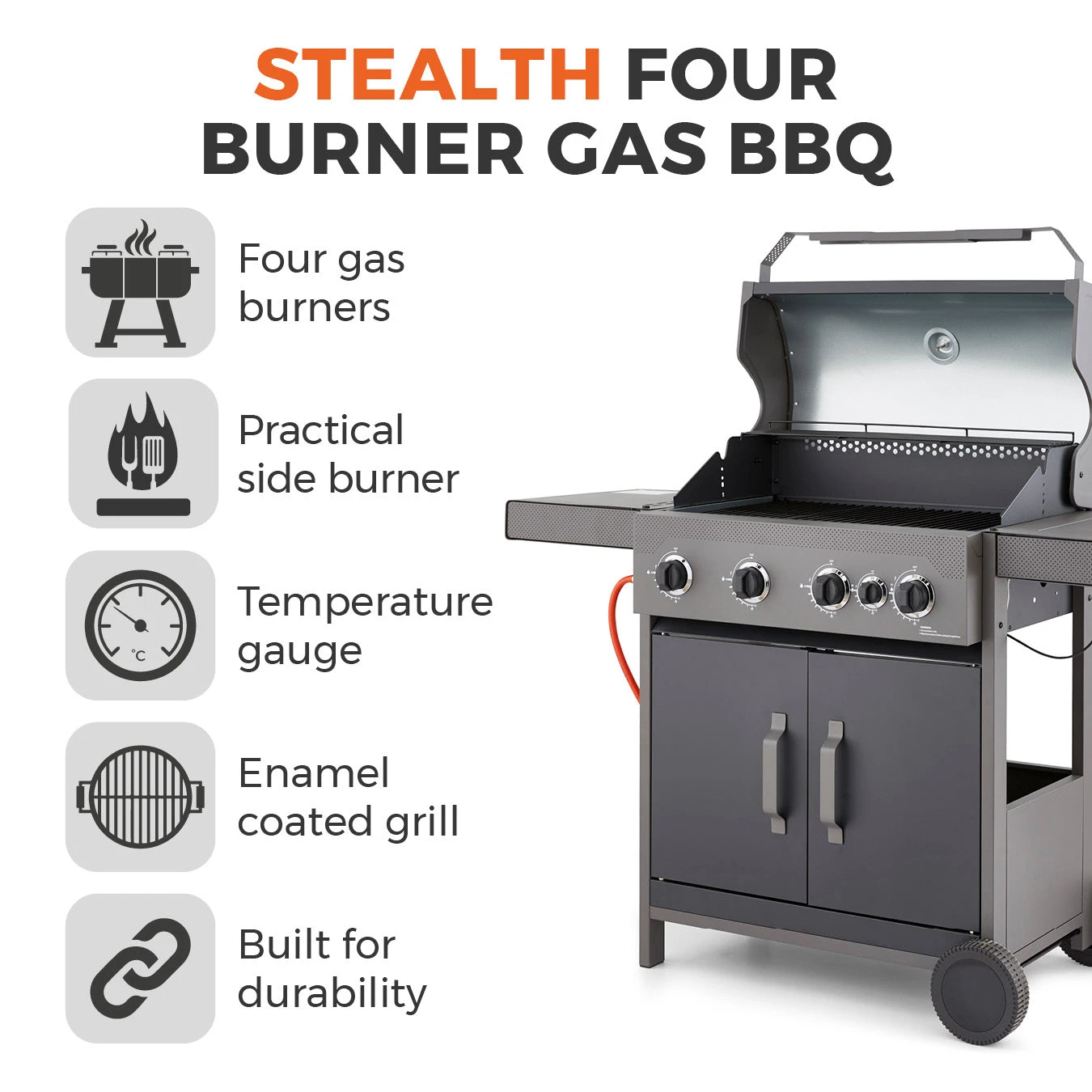 Tower Stealth 4000 Four Burner BBQ W/ Side Burner - Black 2 Tower Stealth 4000 Four Burner BBQ W/ Side Burner - Black - Image 2
