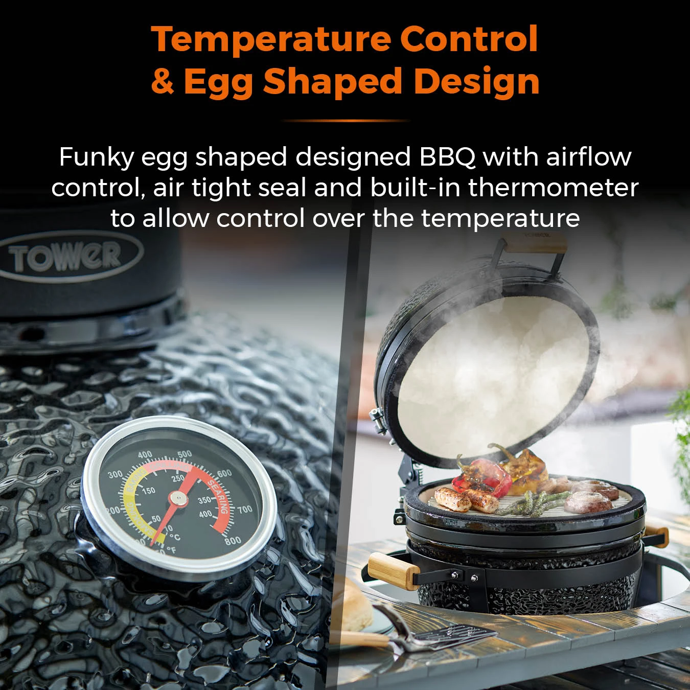 Tower Kamado Maxi Ceramic Charcoal BBQ - Black 5 Tower Kamado Maxi Ceramic Charcoal BBQ - Black - Image 5