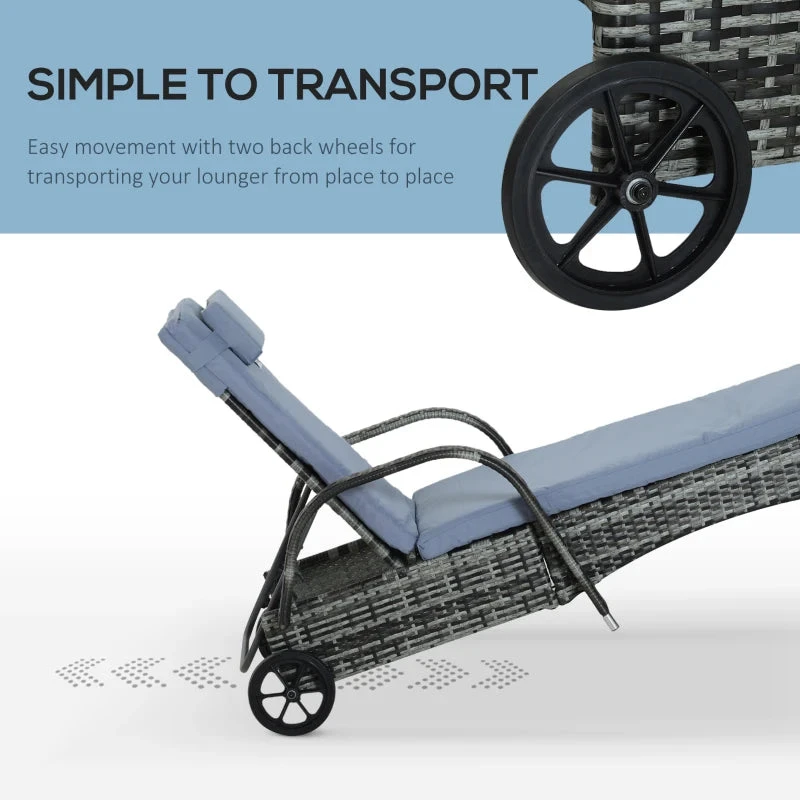 Outsunny Rattan Sun Lounger W/ Cushion - Grey 9 Outsunny Rattan Sun Lounger W/ Cushion - Grey - Image 9