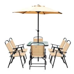 Outsunny 8 Pieces Dining Set Furniture Garden Foldable 6 Chairs 1 Table With Parasol Beige -OUTSUNNY Store VMq05b17dc2f87b27