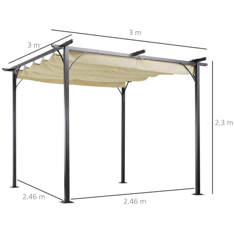 Outsunny Outdoor Metal Pergola With Retractable Awning Canopy 3x3m - Beige 3 Outsunny Outdoor Metal Pergola With Retractable Awning Canopy 3x3m - Beige - Image 3