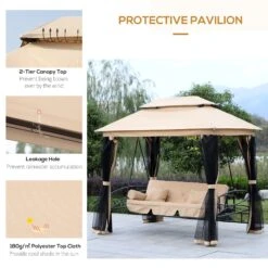 Outsunny 3 Seater Swing Chair 3-in-1 Convertible Garden Swing Seat Bed Gazebo Patio Bench Outdoor With Double Tier Canopy, Cushioned Seat, Mesh Sidewalls, Beige -OUTSUNNY Store Xcef1b17dc4c2349d