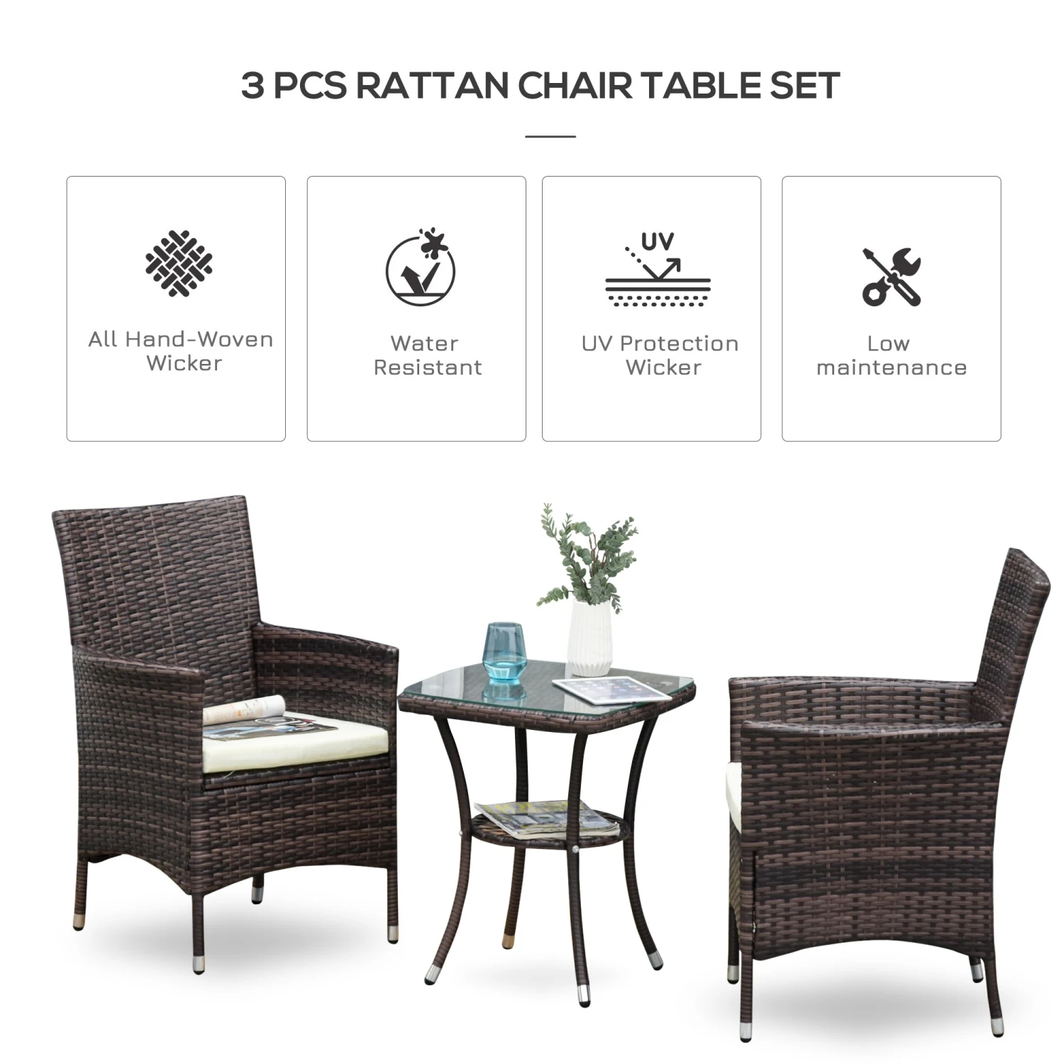 Outsunny Three-Piece Rattan Chair Set, With Cushions - Brown 4 Outsunny Three-Piece Rattan Chair Set, With Cushions - Brown - Image 4