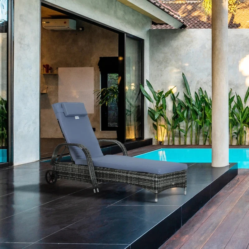 Outsunny Rattan Sun Lounger W/ Cushion - Grey 3 Outsunny Rattan Sun Lounger W/ Cushion - Grey - Image 3