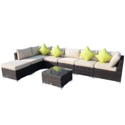 Outsunny 8 Pieces PE Rattan Corner Sofa Set With Thick Cushions, Aluminium Outdoor Rattan Garden Furniture Set With Glass Top Table, No Assembly Required, Mixed Brown