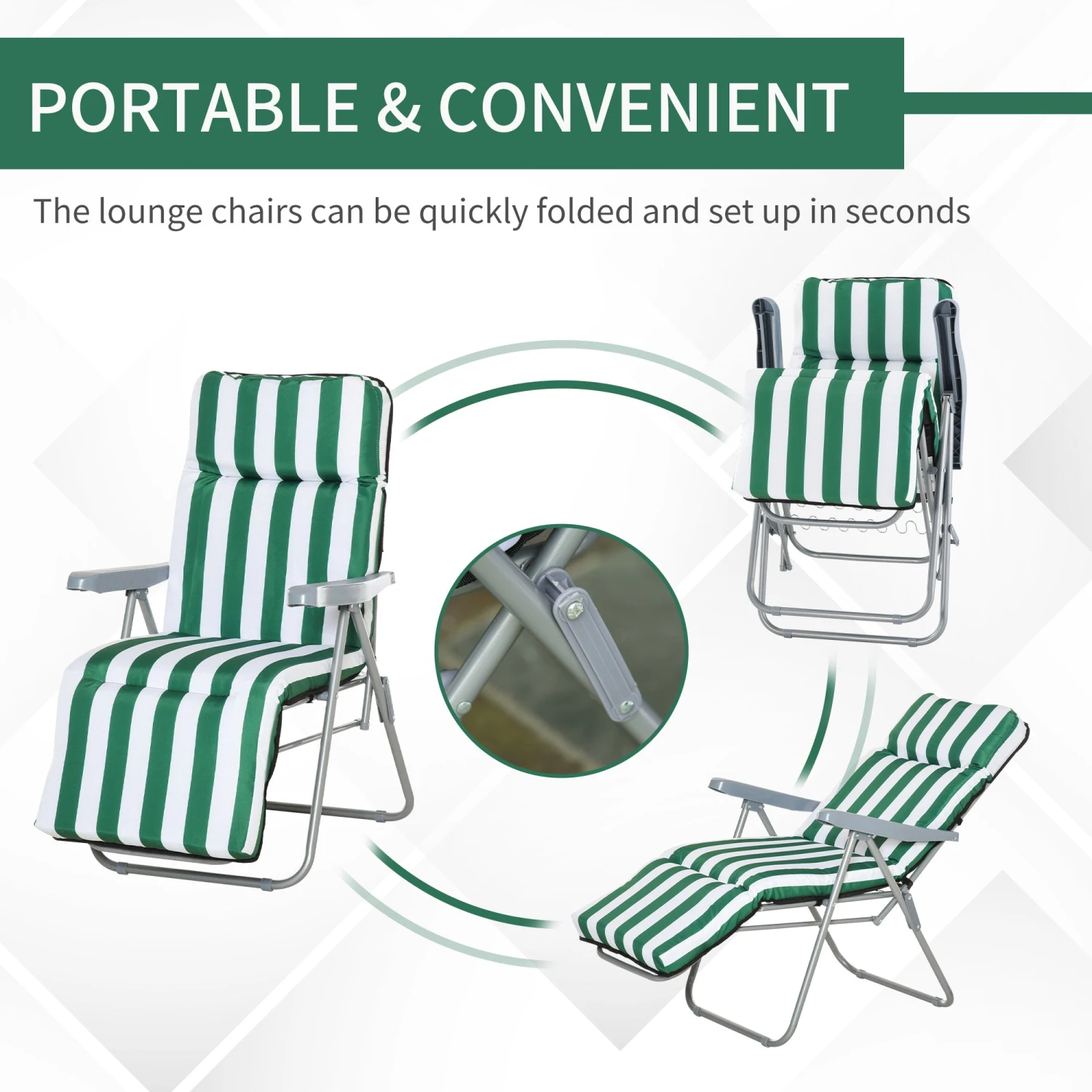 Outsunny Set Of 2 Garden Patio Outdoor Sun Recliners Loungers Folding Foldable Multi Position Relaxers Chairs With Cushions Fire Retardant Sponge (Green White) 5 Outsunny Set Of 2 Garden Patio Outdoor Sun Recliners Loungers Folding Foldable Multi Position Relaxers Chairs With Cushions Fire Retardant Sponge (Green White) - Image 5