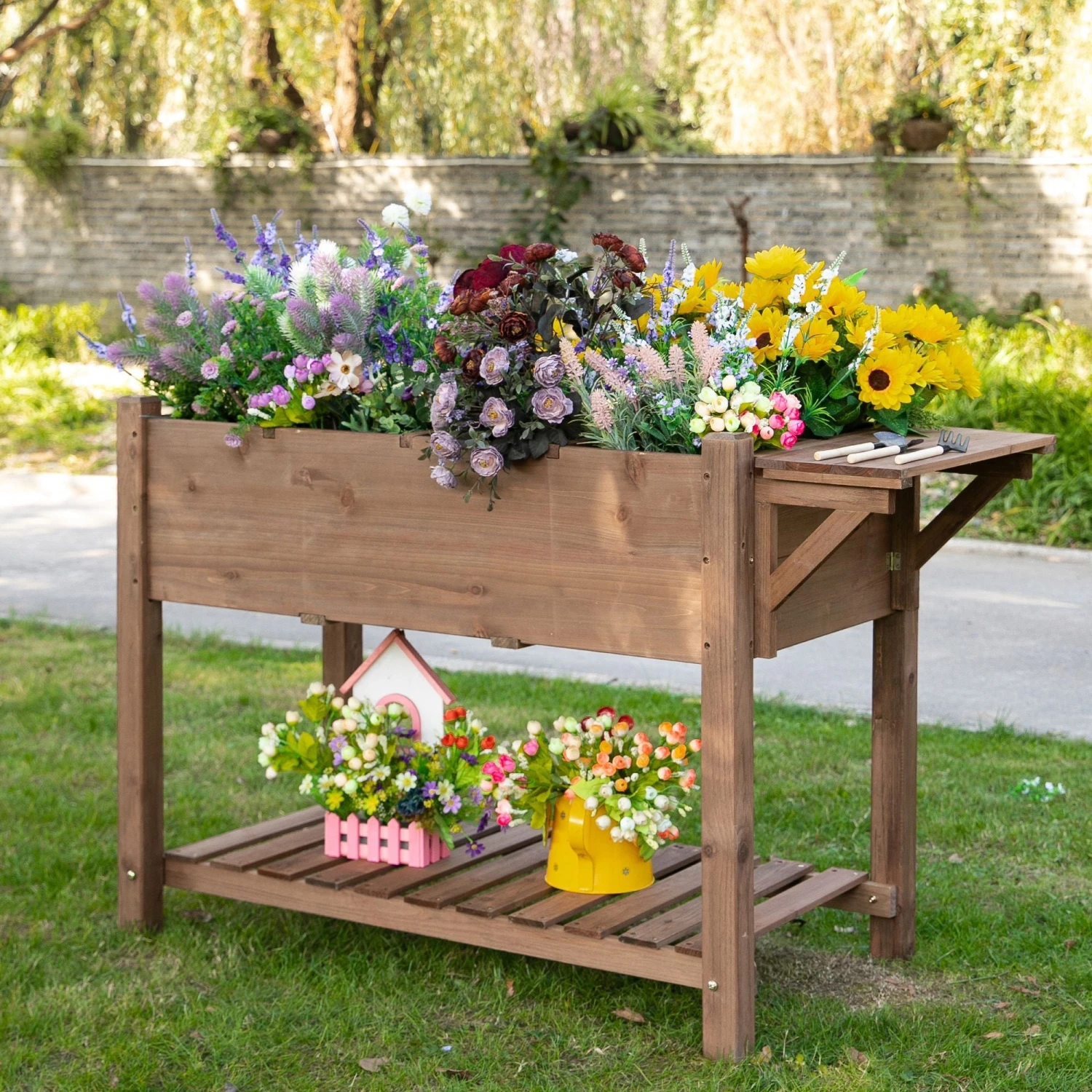 Outsunny Wooden Raised Garden Plant Stand Tall Flower Bed With Shelf 123 X 54 X 74cm 2 Outsunny Wooden Raised Garden Plant Stand Tall Flower Bed With Shelf 123 X 54 X 74cm - Image 2