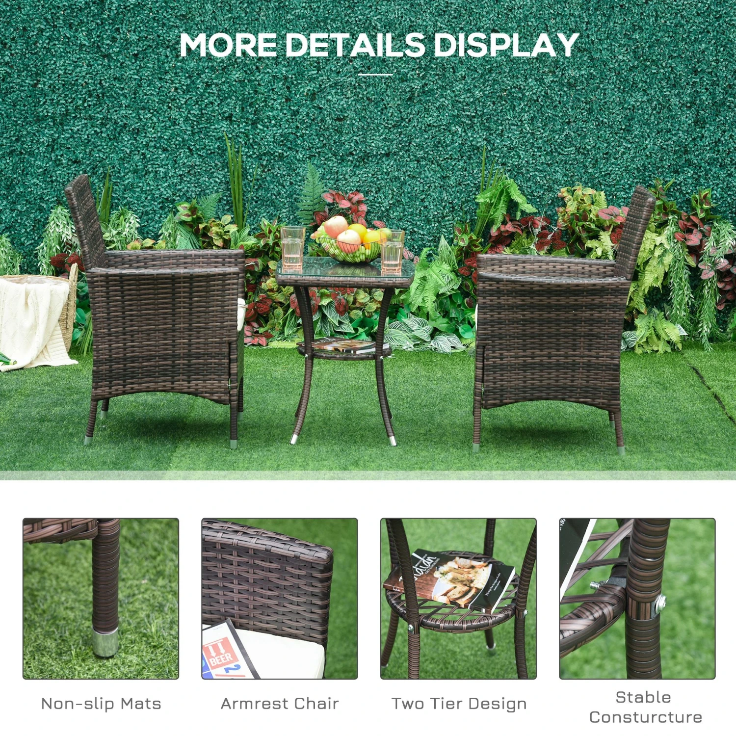 Outsunny Three-Piece Rattan Chair Set, With Cushions - Brown 6 Outsunny Three-Piece Rattan Chair Set, With Cushions - Brown - Image 6