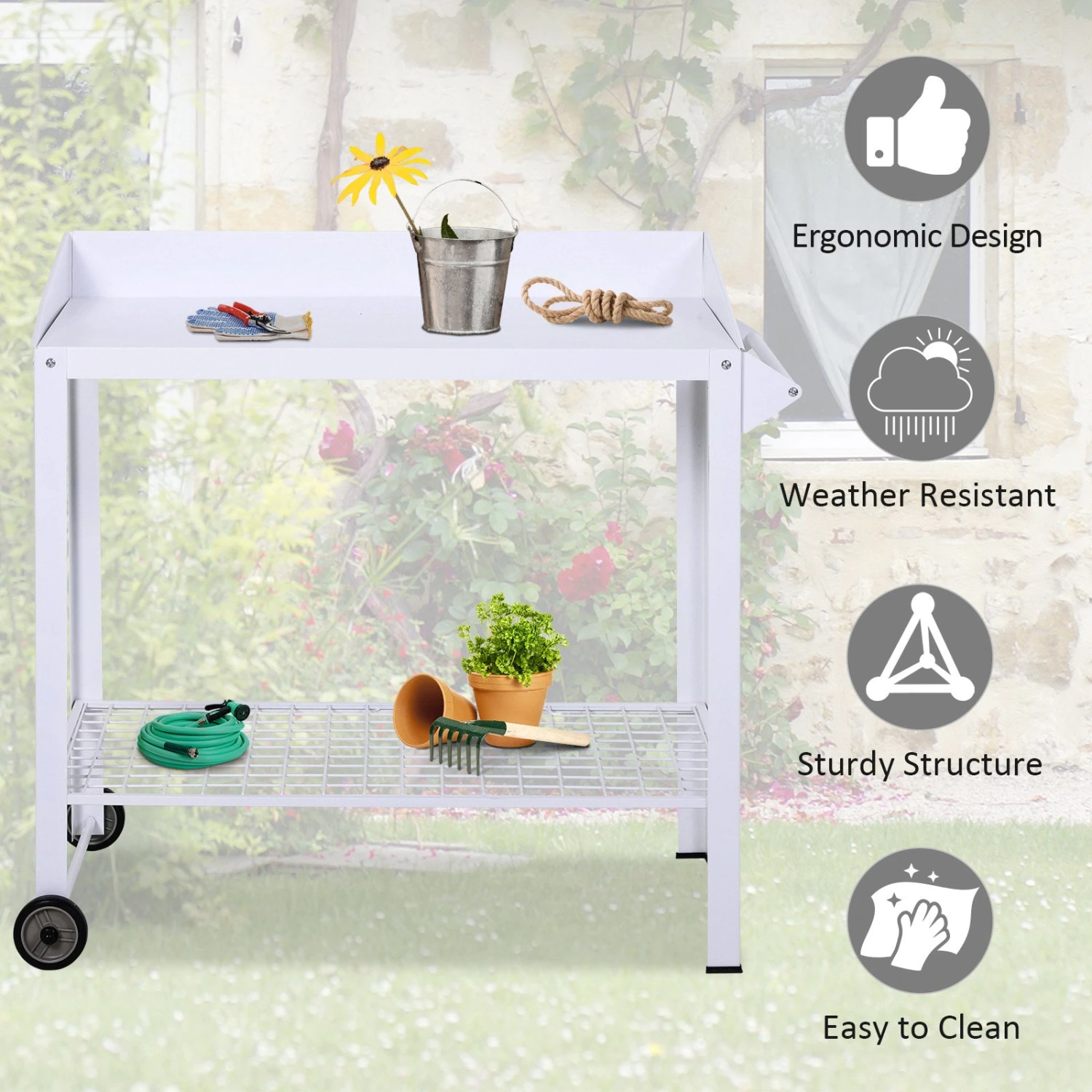 Outsunny Metal Outdoor Garden Potting Bench White 5 Outsunny Metal Outdoor Garden Potting Bench White - Image 5