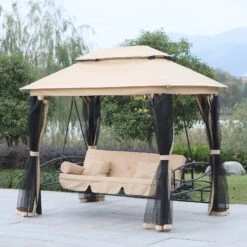 Outsunny 3 Seater Swing Chair 3-in-1 Convertible Garden Swing Seat Bed Gazebo Patio Bench Outdoor With Double Tier Canopy, Cushioned Seat, Mesh Sidewalls, Beige -OUTSUNNY Store nWX0cc17dc4c2349d